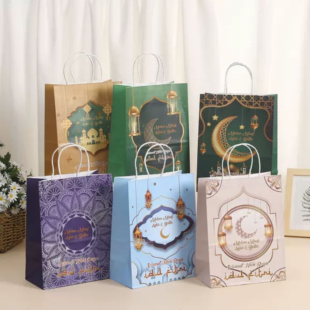Ramadan Hari Raya Beg Kertas Handle, Paper Bag Goodies Handle Party Muslim Packaging Decoration Eid Mubarak Bags