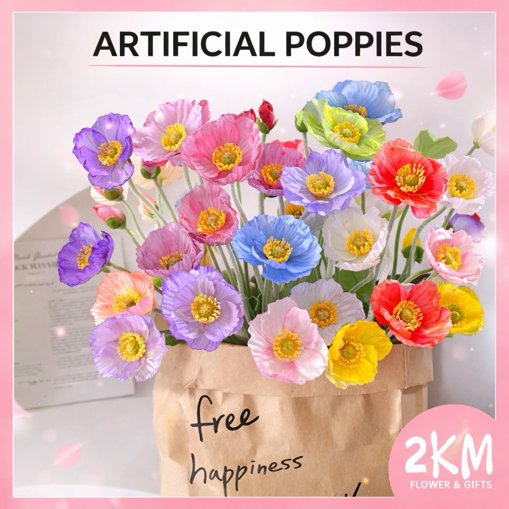 (4HEADS) POPPIES ARTIFICIAL FLOWER Simulation poppy with Silk Cloth Material for Home Decoration DIY Arrangement Living