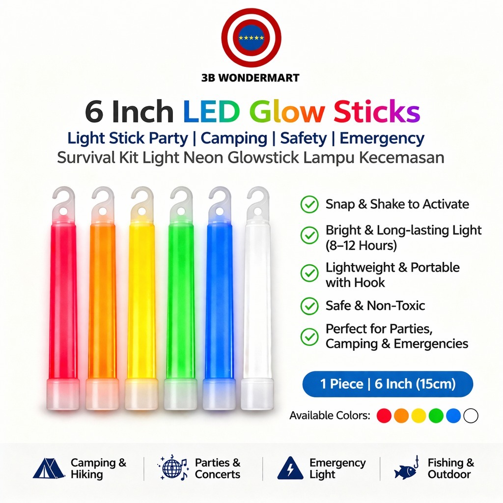 6 Inch LED Glow Sticks Light Stick Party Camping Safety Emergency Survival Kit Light Neon Glowstick Lampu Kecemasan