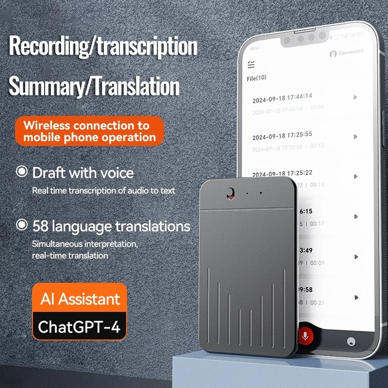 Mini Audio Voice Recorder  AI Powerd ChatGPT-4 App Phone Call Espia Transcribe Summarize 58Language Translator Audio