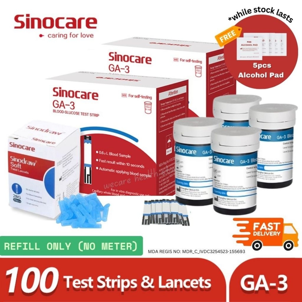 SINOCARE GA3 100pcs Test Strip Blood Glucose Cek Gula Darah Cofoe Lancet Alat Kencing Manis Sugar