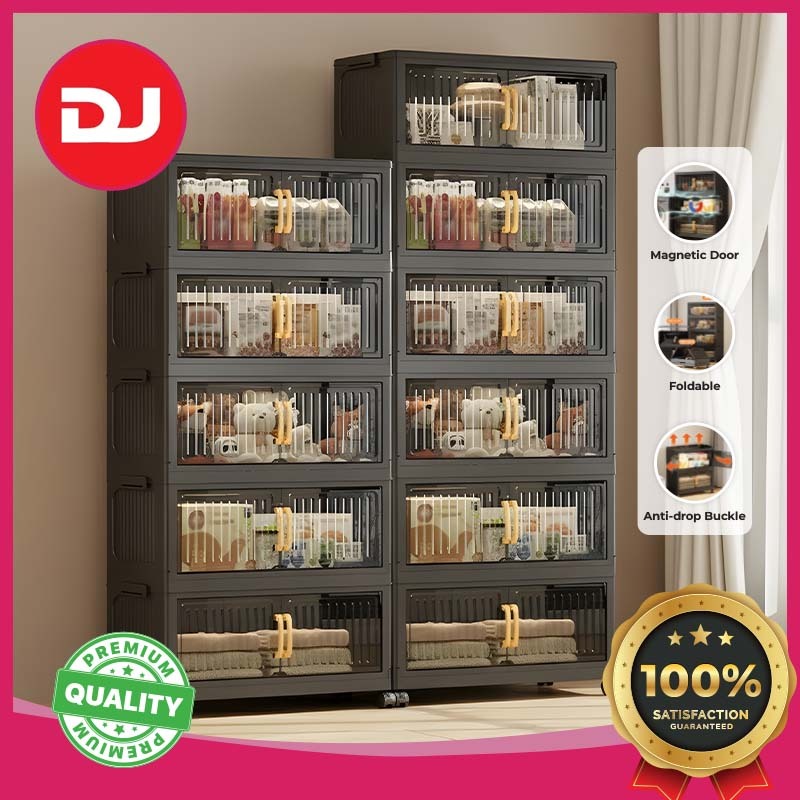 【SHIPPING PROMO】【DJ】Hitam 60-70cm 2 Doors Foldable Stackable Storage Cabinet Box With Wheels Rak Penyimpanan