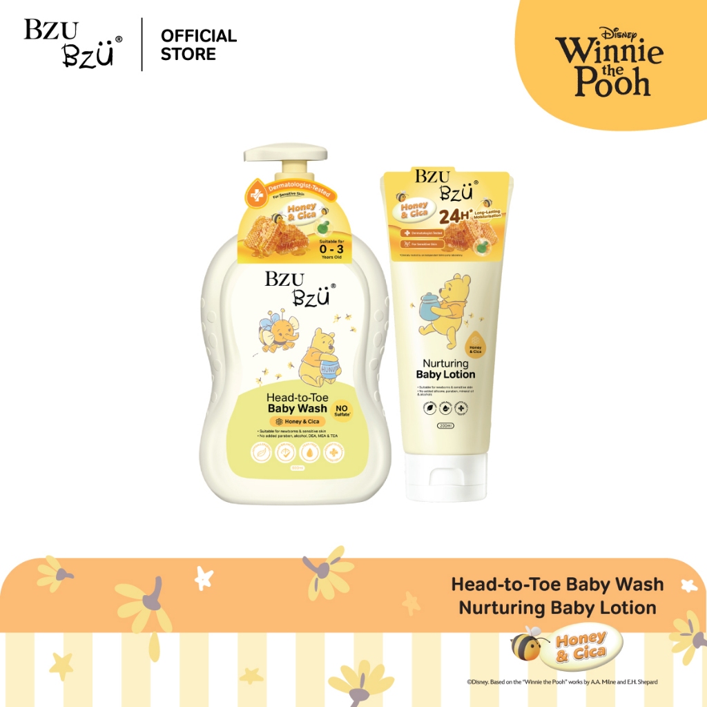 BZU BZU Winnie The Pooh Honey & Cica Duo Bundle ( Head to Toe Baby Wash Honey & Cica 600ml + Nurturing Baby Lotion)