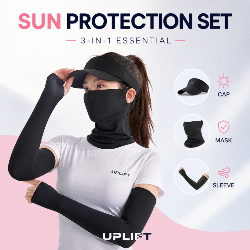 UPLIFT 3-in-1 Sun Protection Set | Breathable Cooling Ice Silk Face Mask + Arm Sleeves + Adjustable Running Cap Visor