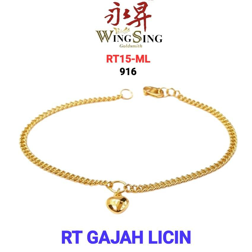Wing Sing 916 Rantai Tangan Gajah Licin Mini Love Licin Fesyen Emas 916 /光身阿婆吊心款式手链 / 916 Gold  Bracelet