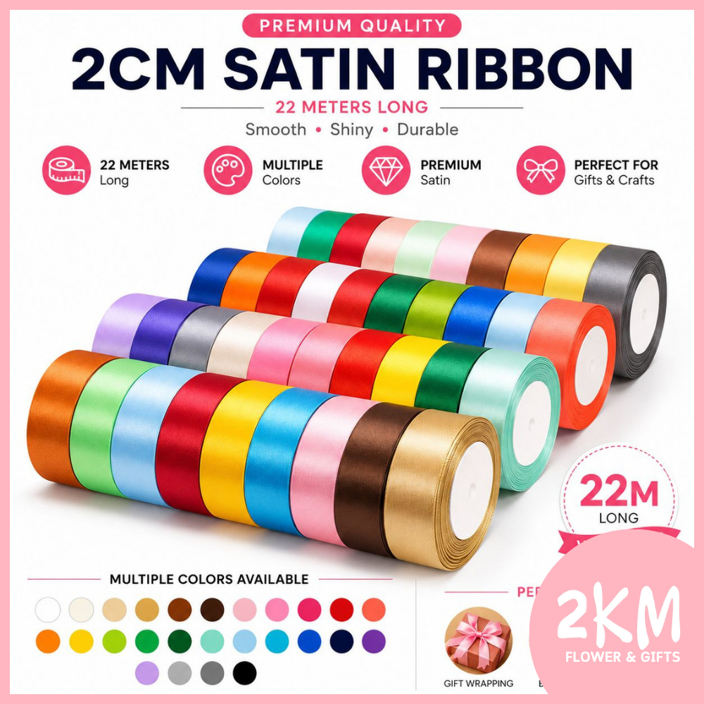 (22M) 2CM SATIN Ribbon Reben Riben Gift Satin Organza Flower Bouquet Roll Happy Birthday Bunga Hadiah Hantaran Cake