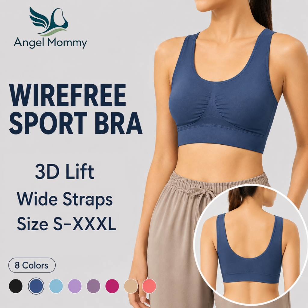 AM Bra Sukan Wanita Sports Bra Wireless Tanpa Dawai Anti Goyang Wide Strap Push Up Plus Size S-3XL