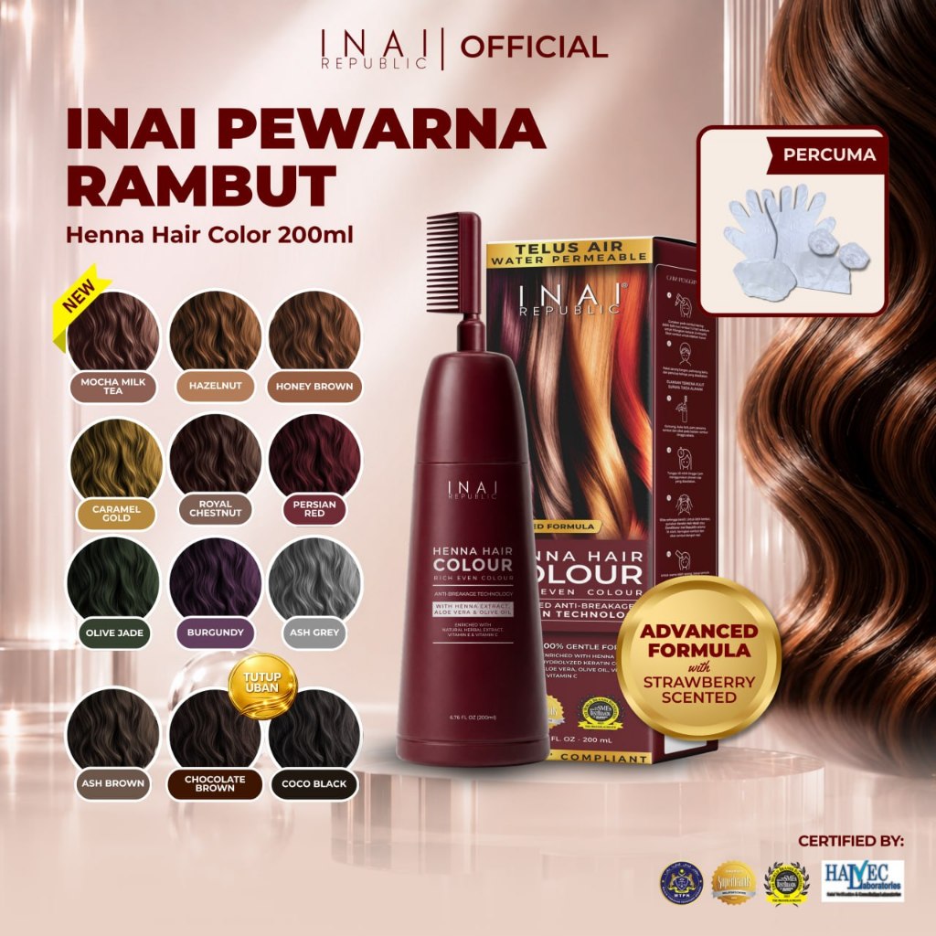 INAI PEWARNA RAMBUT HALAL INAI REPUBLIC - Tanpa Bleaching | Bau Wangi Strawberry | Olive oil & Premium Aloevera Extract