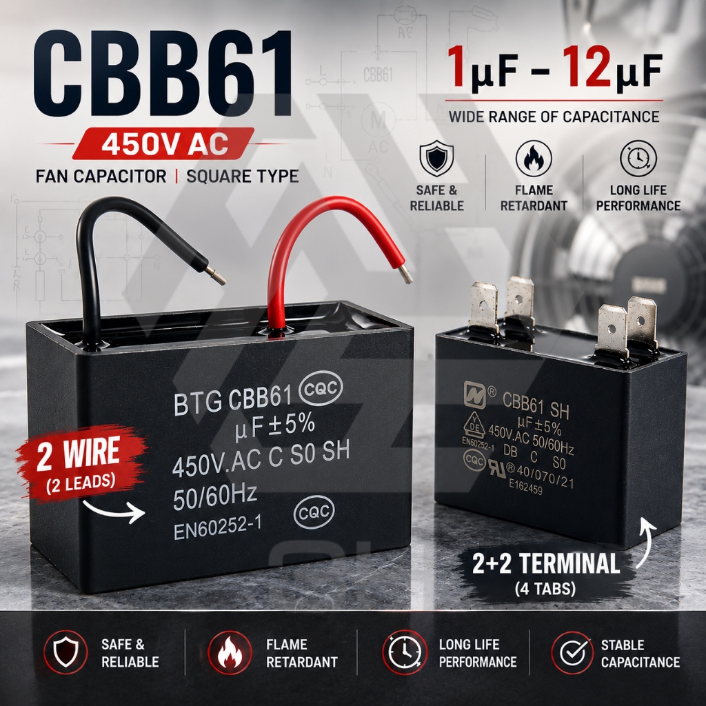 3H 450V CBB61 Kapasitor Kipas Bentuk Petak Fan Capacitor Square (Hitam)