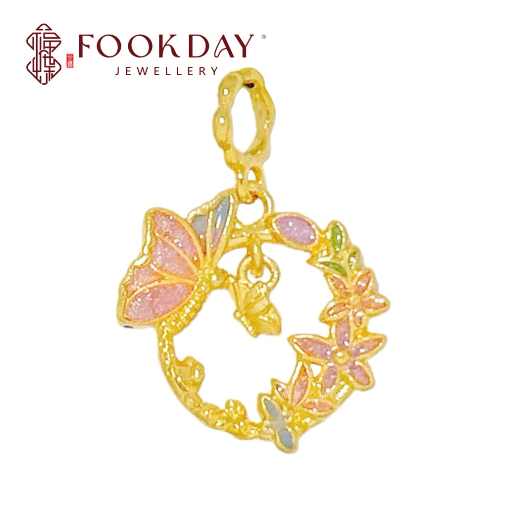 FOOKDAY 916 5D 黄金蝴蝶花圈吊坠 Gold 916 Butterfly Wreath Pendant Emas 916 Loket Kalungan Rama-Rama Bajet Hadiah