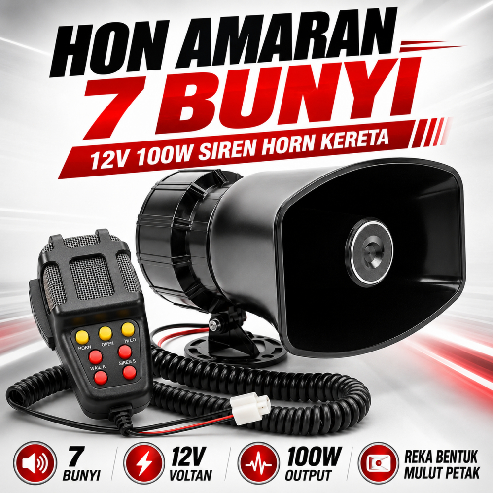 Hon Amaran 7 Bunyi 12V 100W Siren Horn Kereta Van Lori Mic PTT Wayar Spring Square Mouth Ready Stock MY