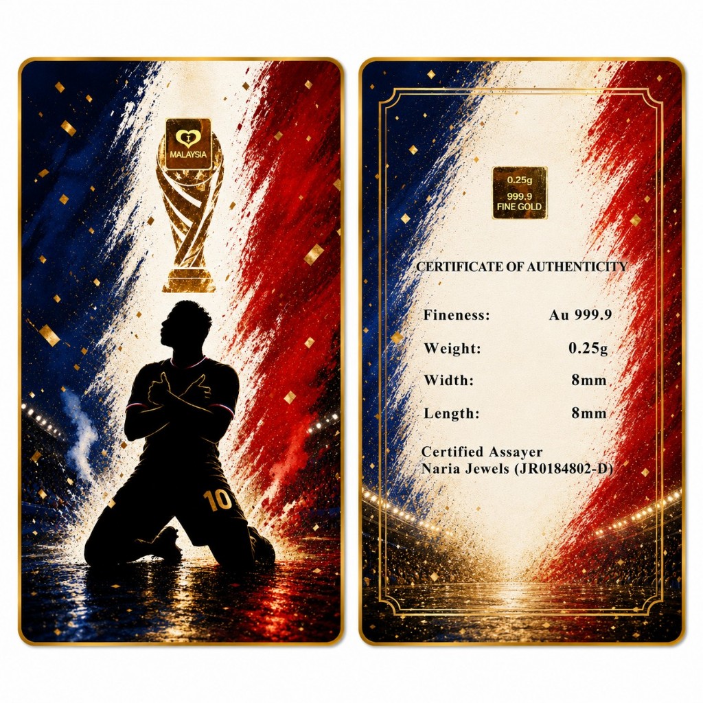 Naria 999.9/24K Gold Bar 0.25gm France Design Football Collection Pelaburan Emas Gold&hellip;