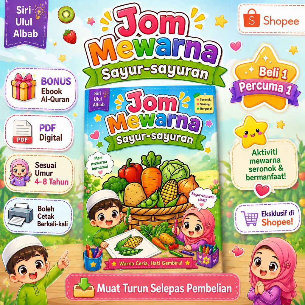 Jom Mewarna Sayur-sayuran 🥦 | Ebook PDF Aktiviti Kanak-Kanak 4-8 Tahun | Siri Ulul Albab | Printable Colouring Book