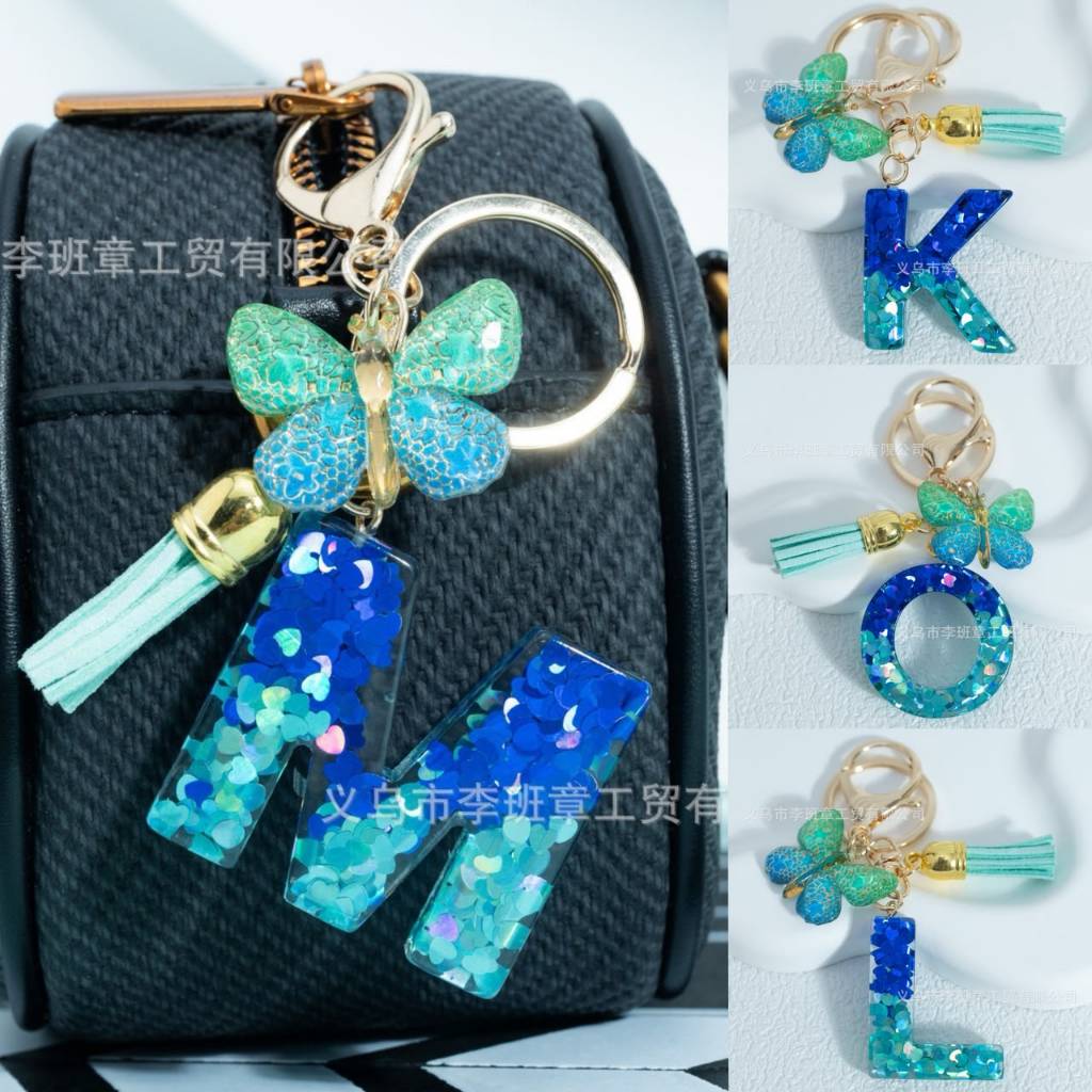 【Local Seller】A-Z Shiny Sequin Letter Keychain Resin Couple Initial Blue-Green Filled Pendant Keyrings Handbag Car Key