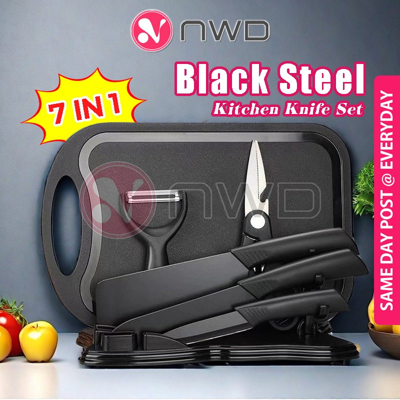 《 》7 In 1 Stainless Steel Kitchen Knife Set Scissors Peeler Chopping Board Utensil Sets Pisau Gunting Dapur 刀具