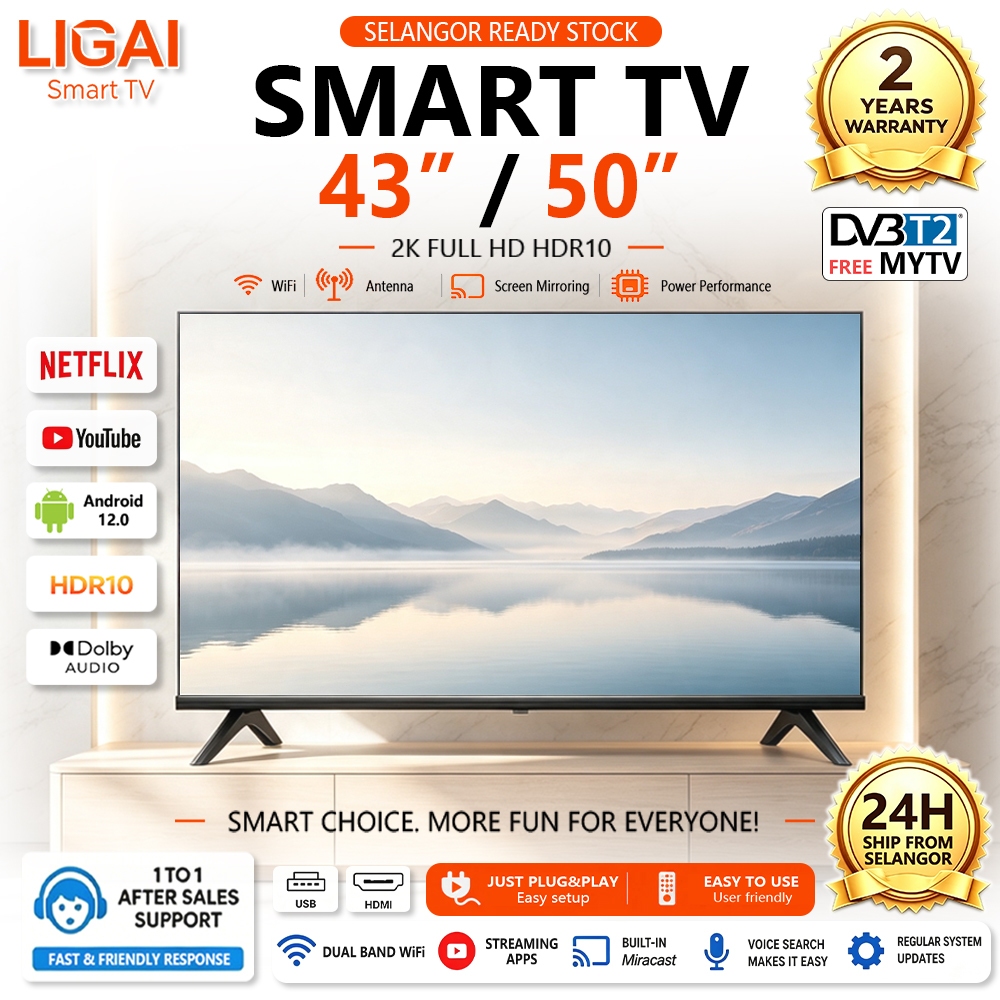 LIGAI Televisyen Smart TV 32/43/50/55 inch DVB-T2 4K HD LED Gogle Netflix HDMI TV Android Murah