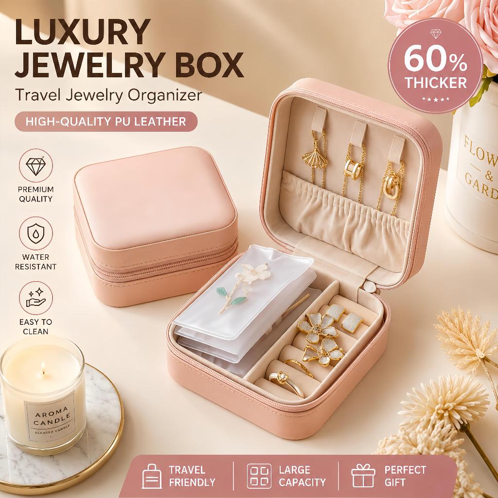 Ready Stock PU Leather Jewelry Box Travel Velvet Organizer Large Capacity Earrings Ring Necklace Gift
