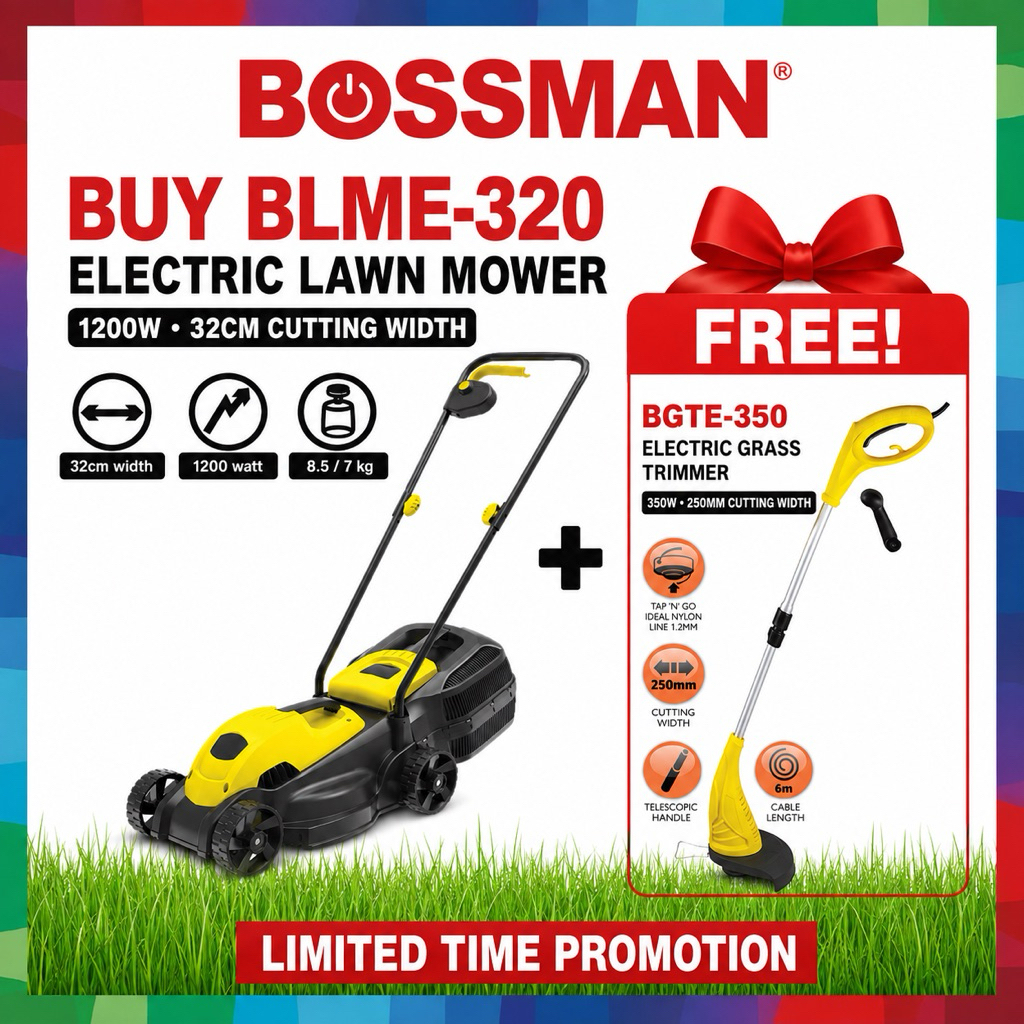 BOSSMAN Electric Lawn Mower BLME320 1200w Mesin Rumput Tolak letrik Mesin Potong Rumput Elektrik