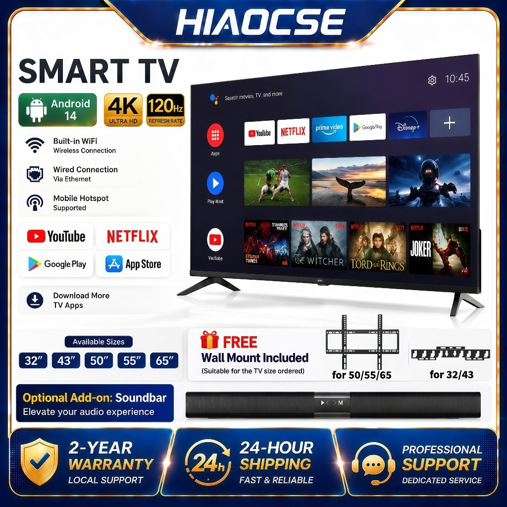 Hiaocse Smart TV 32/43/50/55Inch 4K 120Hz Android 14.0 TV UHD Television WiFi Netflix Youtube MYTV