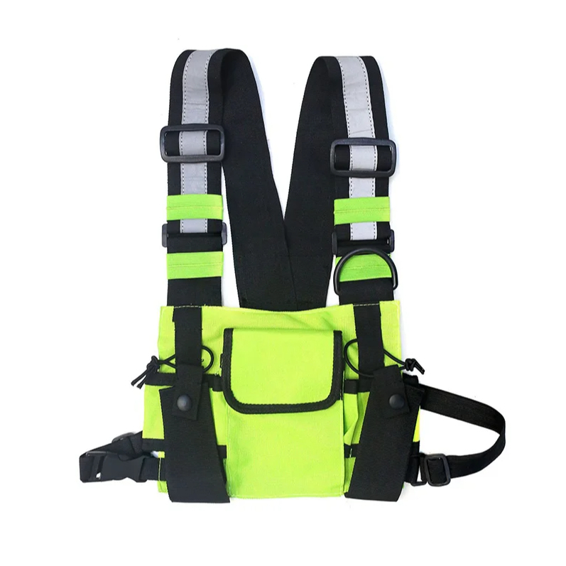 Green outdoor hiking storage bag for cycling. Reflective strips, multiple pockets, adjustable design. Suitable for hiker