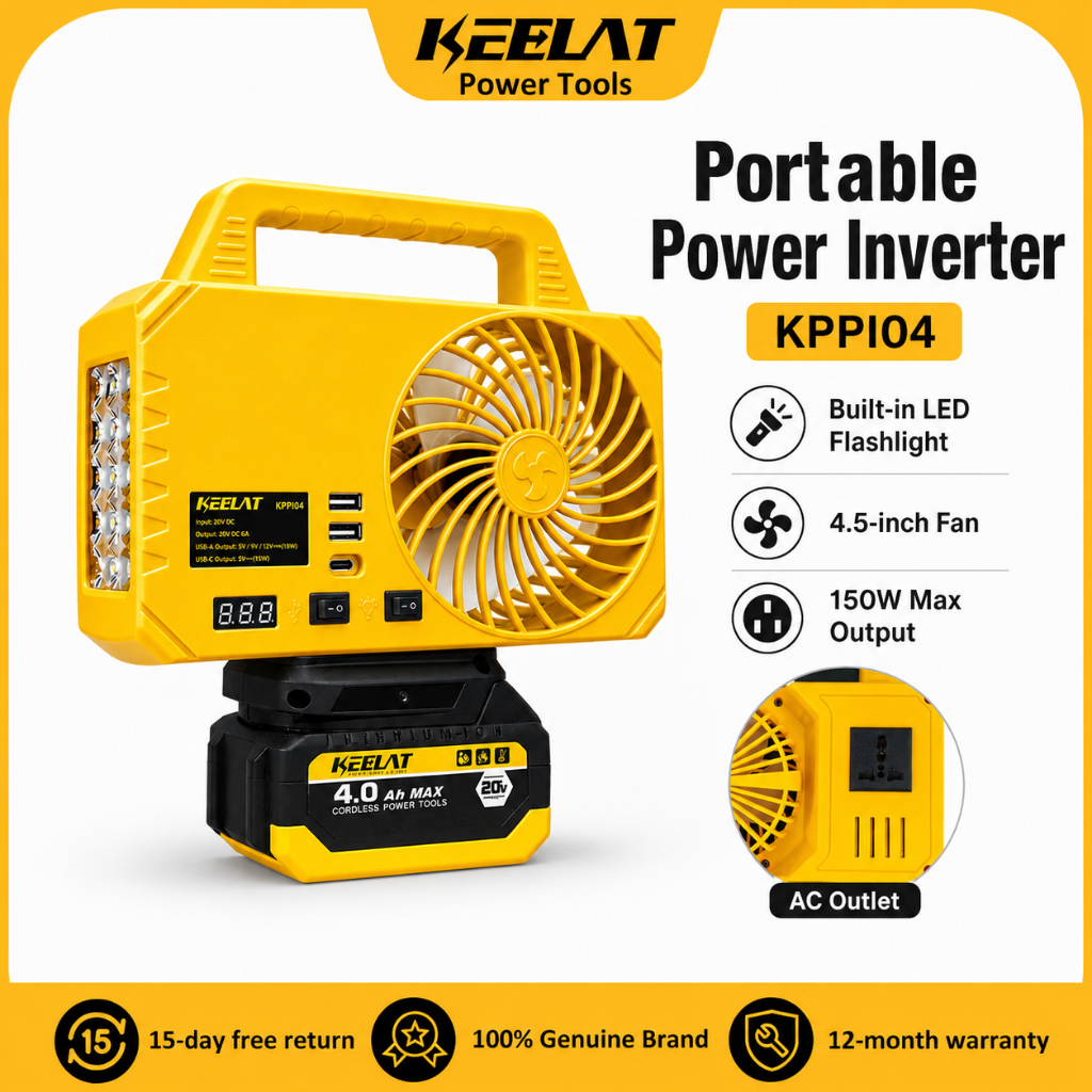 KEELAT KPPI04 150W Portable Power Inverter 20V to 220V AC Outlet 4.5 Inch Fan LED Light USB Type-C for Camping