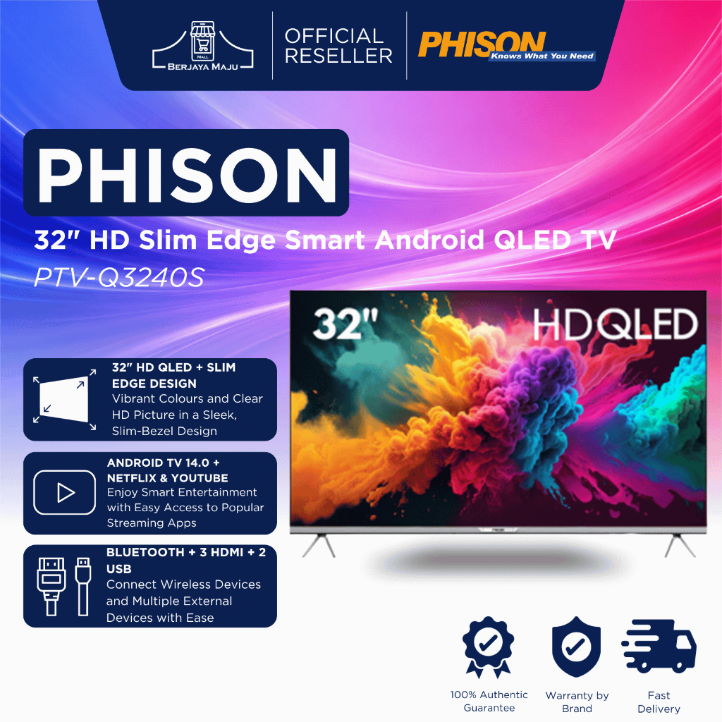 Phison 32" HD Slim Edge Smart Android QLED TV PTV-Q3240S | Smart Android TV Televisyen Pintar 智能电视 Original