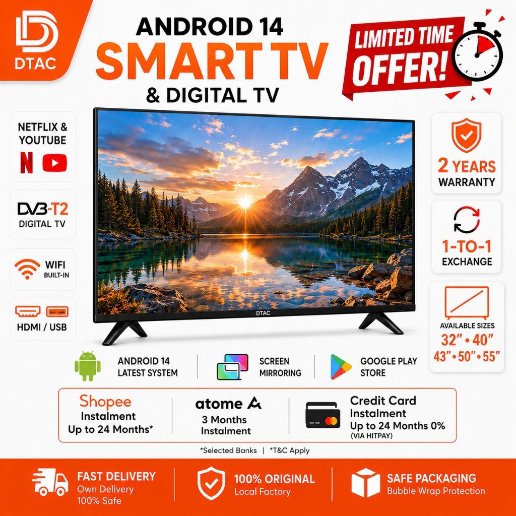 Televisyen Pintar DTac TV Smart 32inch/40inch/43inch/50inch Netflix Hdmi HD LED TV Android Murah