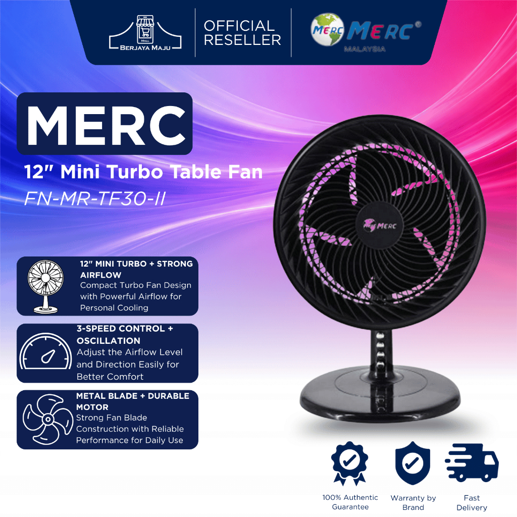 Merc 12" Mini Turbo Table Fan FN-MR-TF30-II (Black) (Sirim) | Desktop Cooling Fan Kipas Meja 台式风扇 Original Official 正品
