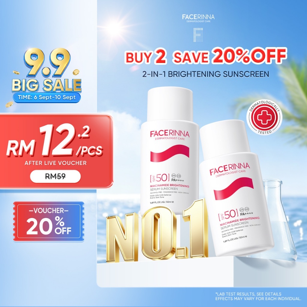 [TOP SELLER]FACERINNA-Serum Sunscreen SPF50+ PA++++ Niacinamide Brightening UVA/UVB Defense Even Skin Tone UV Protection