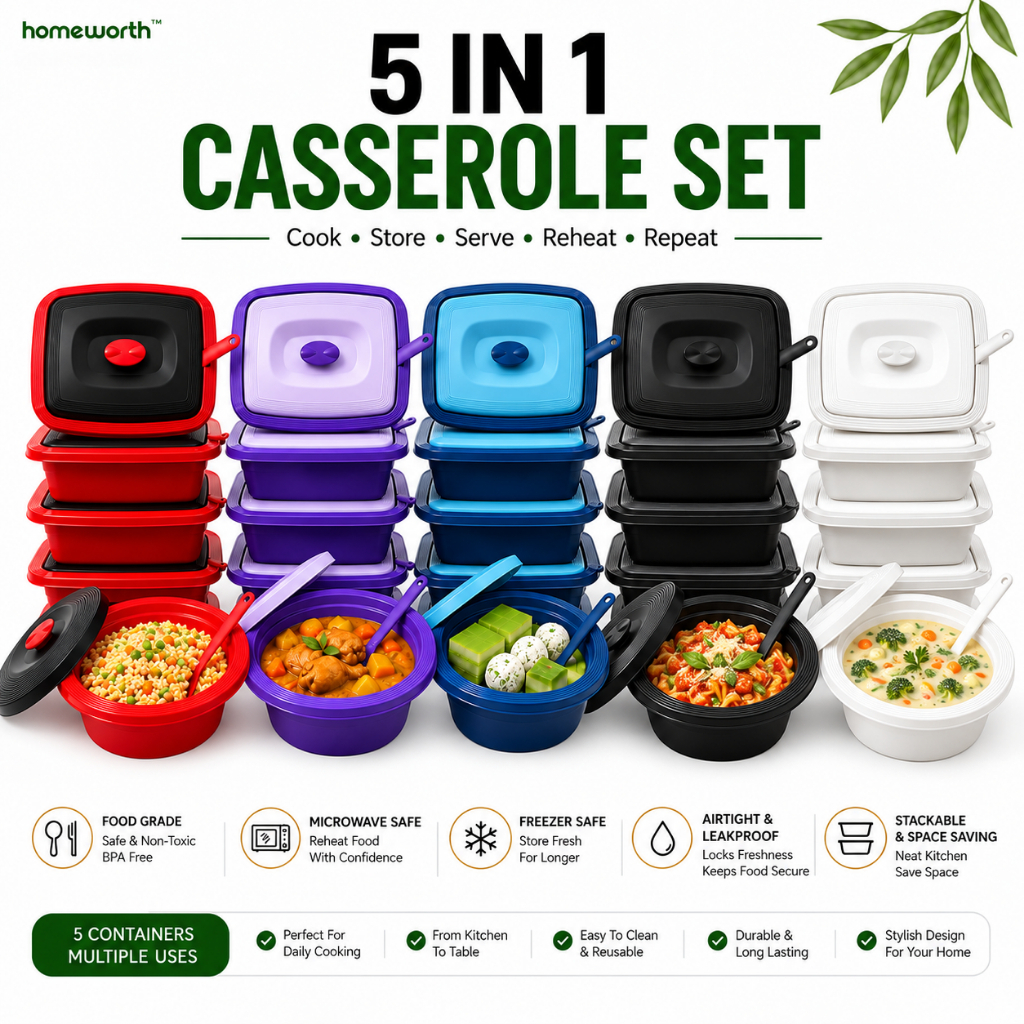 HOMEWORTH 5 In 1 Microwave-Safe Food Container & Casserole Set | Food Saver Storage Boxes with Ladle