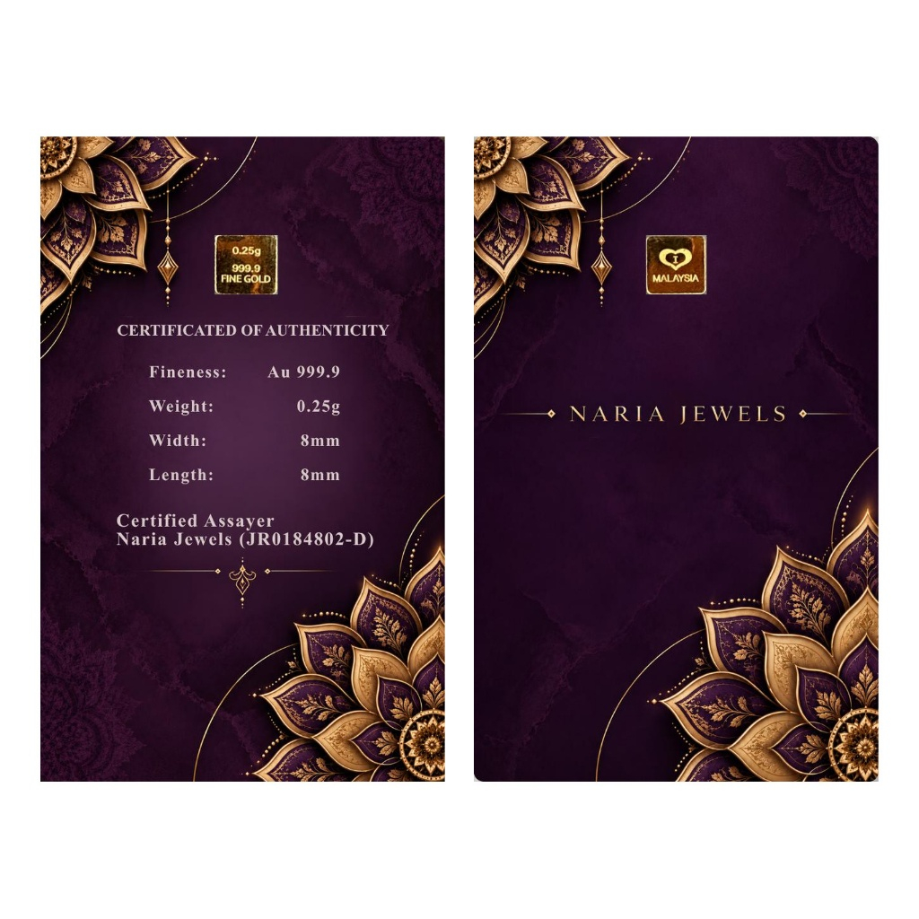 Naria 999.9/24K Gold Bar 0.25gm Signature Purple Version Design Emas Tulen Gold Investment Pelaburan Emas Hadiah Premium