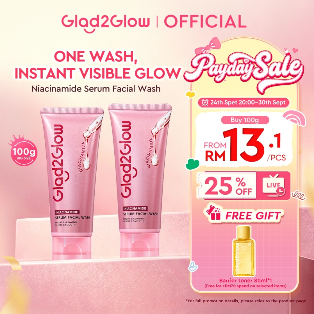 [Live Extra]Glad2Glow Niacinamide Serum Facial Wash Cleanser Brightening Hydrating Glowing Face Wash Pencuci Muka