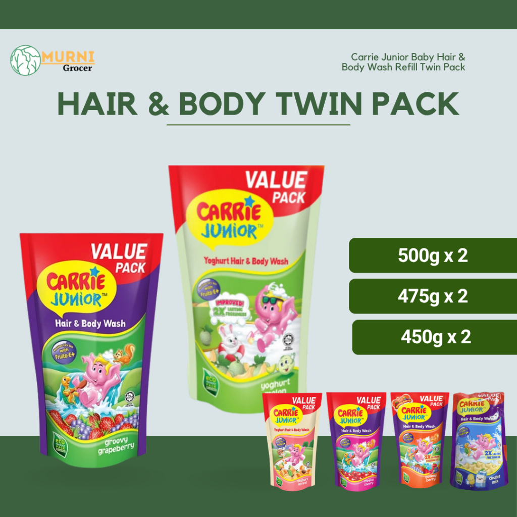 Carrie Junior Baby Hair & Body Wash Refill (450g/500g x 2) Value Pack Shampoo Syampu Bayi Rambut Badan | Murni Grocer
