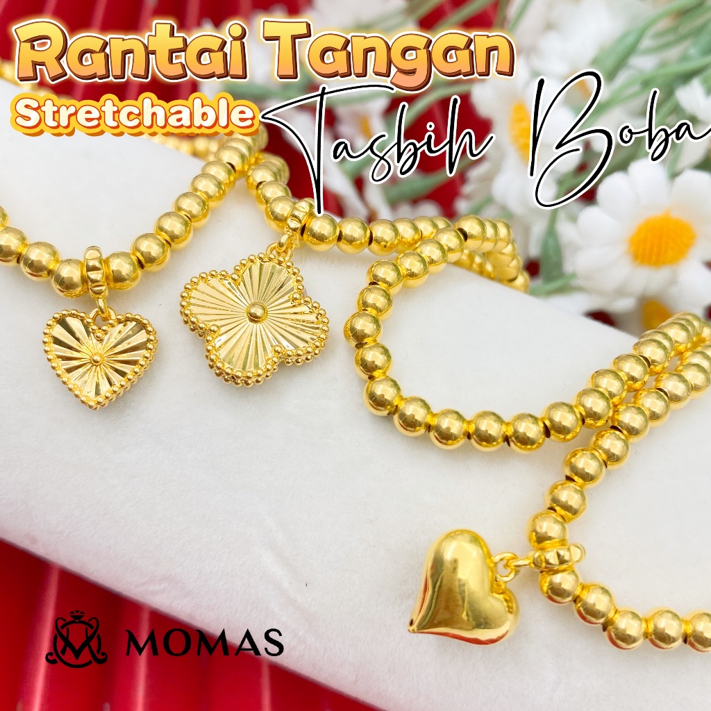 MOMAS RT STRECHABLES TASBIH BOBA Emas 916 5D MOMAS Rantai Tangan 916 Emas Murah Trendy 916 Gelang Tangan Tasbih 916