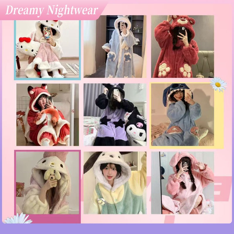 【In Stock】Cute Cartoon Thermal Pajamas Bathrobe Women Kimono Pyjamas Loose Influencer Style Hooded Pajamas
