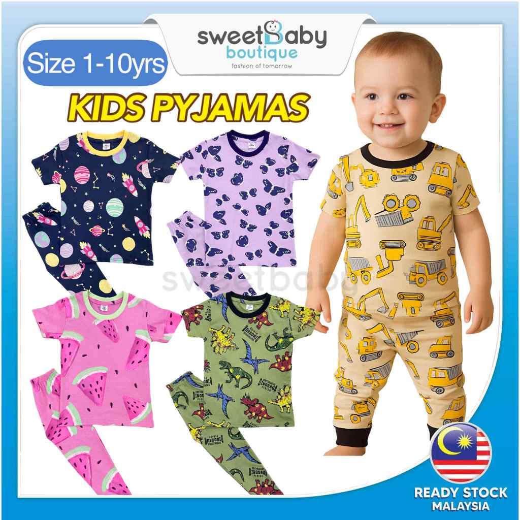 SWEETBABY Set Baju Budak Lelaki Perempuan Kids Pyjamas Boy Girl Sleepwear Nightwear Baby Playset Clothing T-Shirt Murah