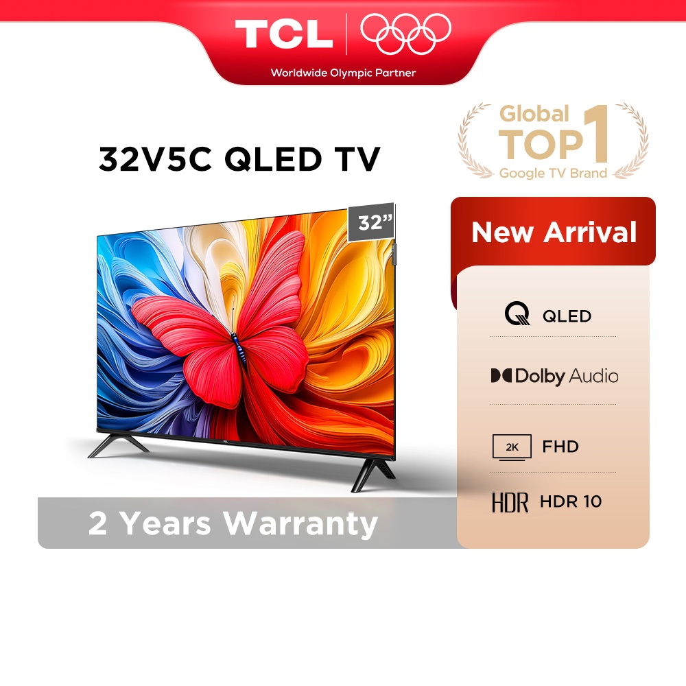 TCL 32 Inch QLED Google TV 2K FHD With HDR 10, Dolby Audio, HDMI, Google Cast Televisyen 32V5C