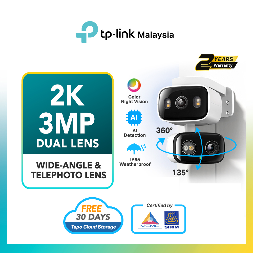 TP-Link Tapo C246D 2K 3MP Indoor/Outdoor Dual-Lens CCTV - AI Detect (Person/Pet/Vehicle), Weatherproof