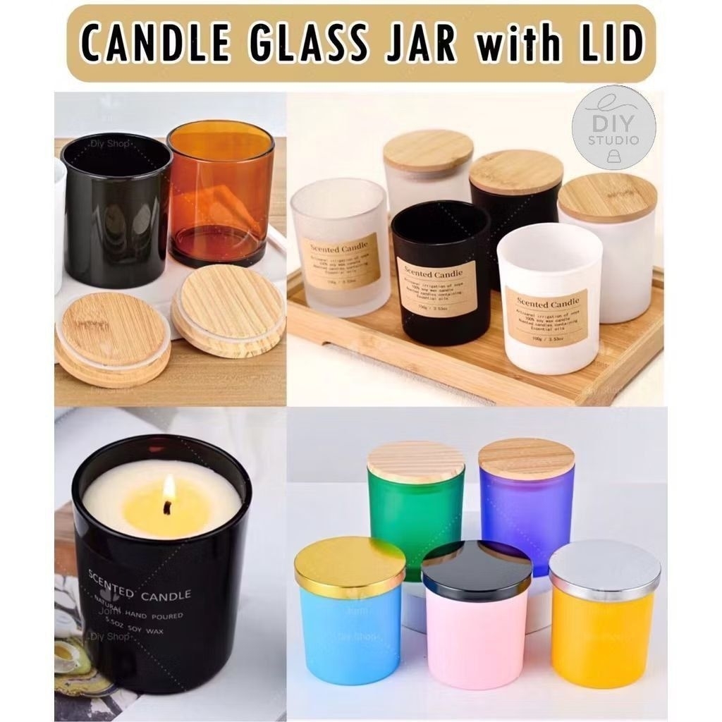 CCD -Ready StockEMPTY Colourful Luxury Candle Glass Jar With Lid Bekas Lilin Kaca bamboo wood black grey gold lidcover