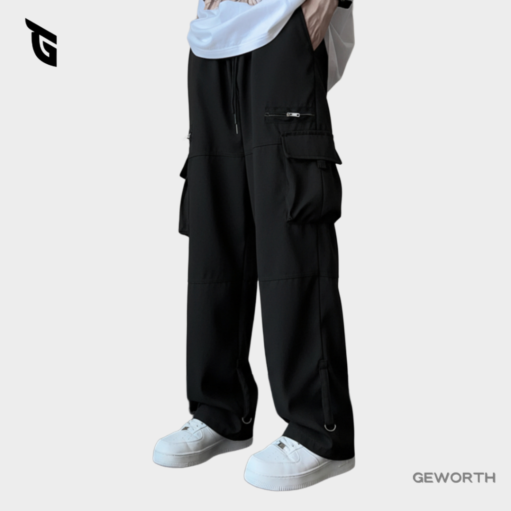 GEWORTH Men Cargo Long Pants Classic Straight Cut Trousers Multi Pocket Loose Seluar Cargo