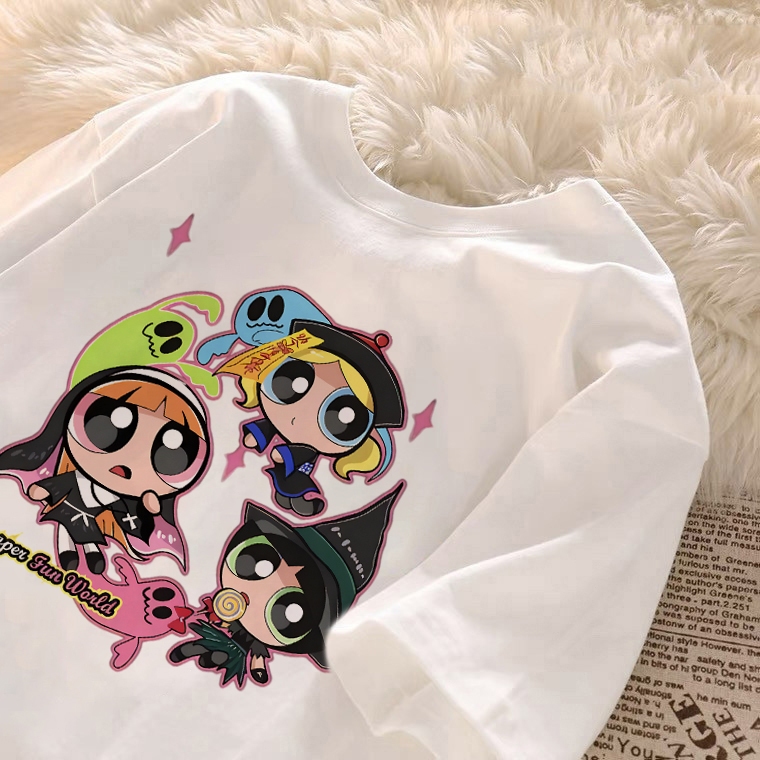 kumikumi Korean cute aesthetic shirt round neck T-shirt for women oversized Powerpuff Girls print