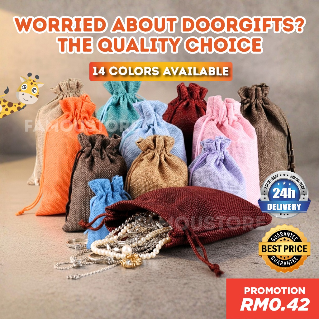 Cute Drawstring Bag Pouch Bag Jute Bag Jewellery Bag Gift Bag Linen Burlap Bag Birthday Bag Beg Guni Uncang Emas 收納袋 麻布袋