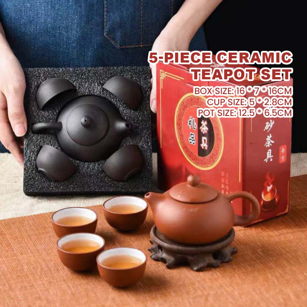(5 Pieces) MILANDO Ceramic Teapot 5 Piece Set Chinese Tea Pot Set Cup Mug Gift Cawan Teh 茶壶礼品 (Type 7)
