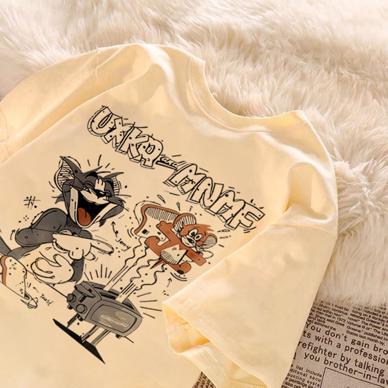 ARISEISM Oversized t shirt Woman Baju Summer Casual Loose Short Sleeved cat and mouse Printed Korean