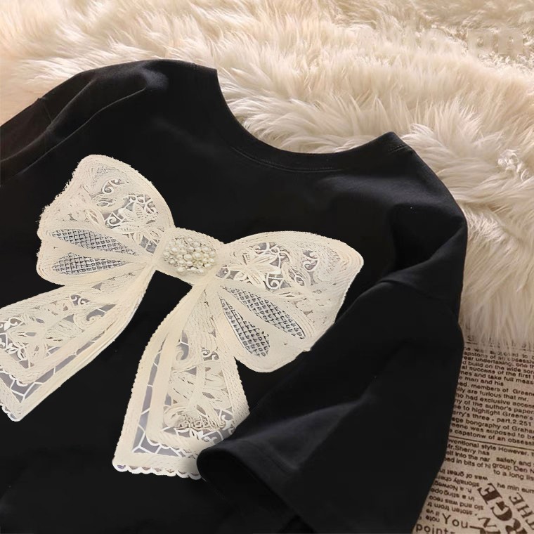 kumikumi Korean fashion women's T-shirt Lace bow print Oversized Casual Top
