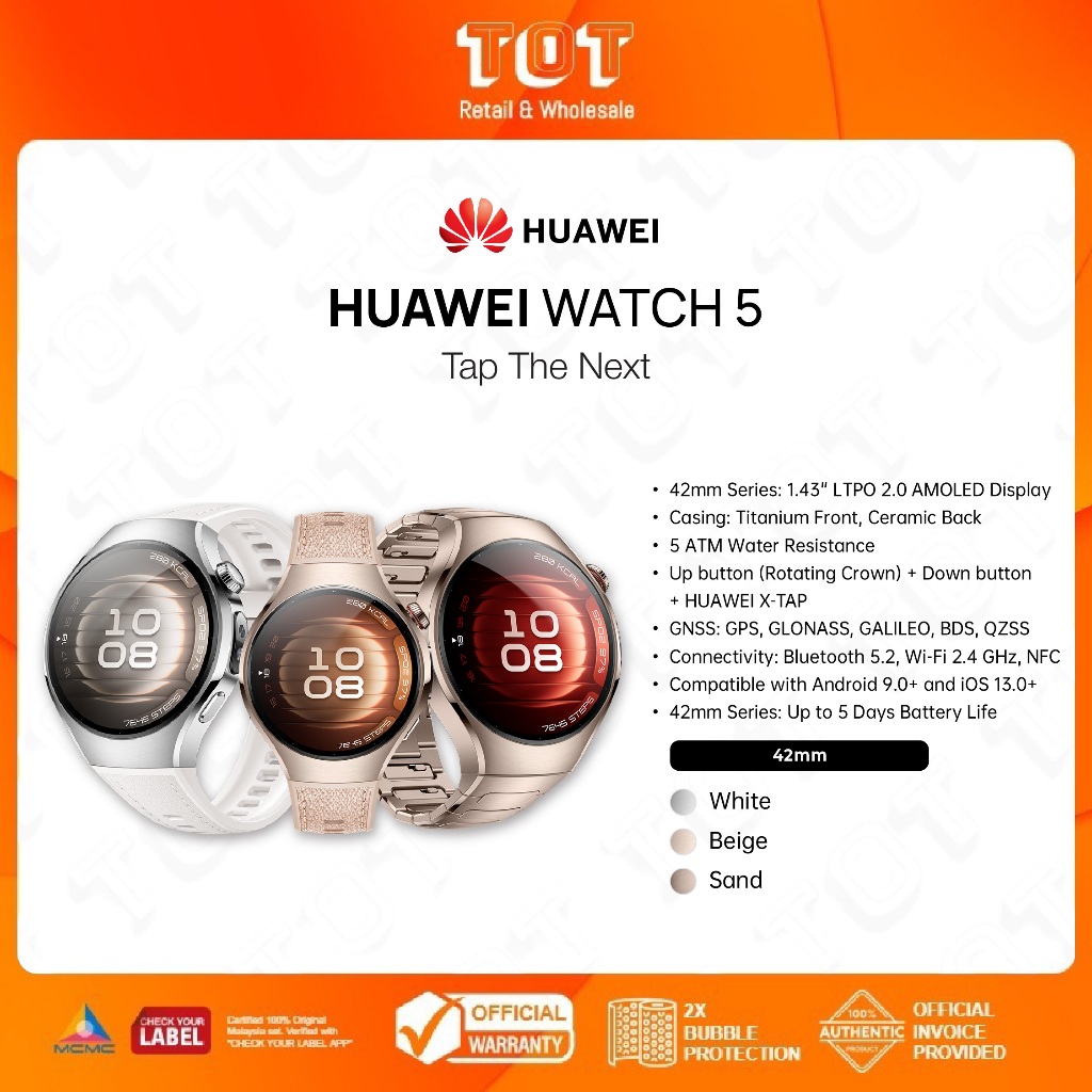 HUAWEI WATCH 5 (42mm/46mm)Smartwatch | Multi-sensing X-TAP Technology | Fingertip Blood Oxygen | Intuitive Smart Gesture