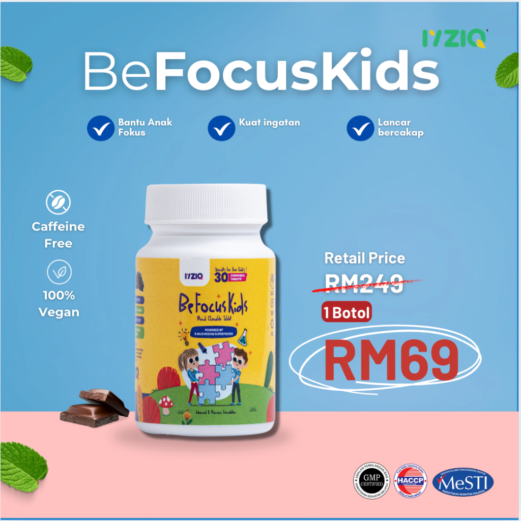 Iyziq Befocuskids | Mind Chewable Tablet | 30 Tablet | Bantu Memori, Lebih Bertenaga, Kekal Focus| 8 Cendawan