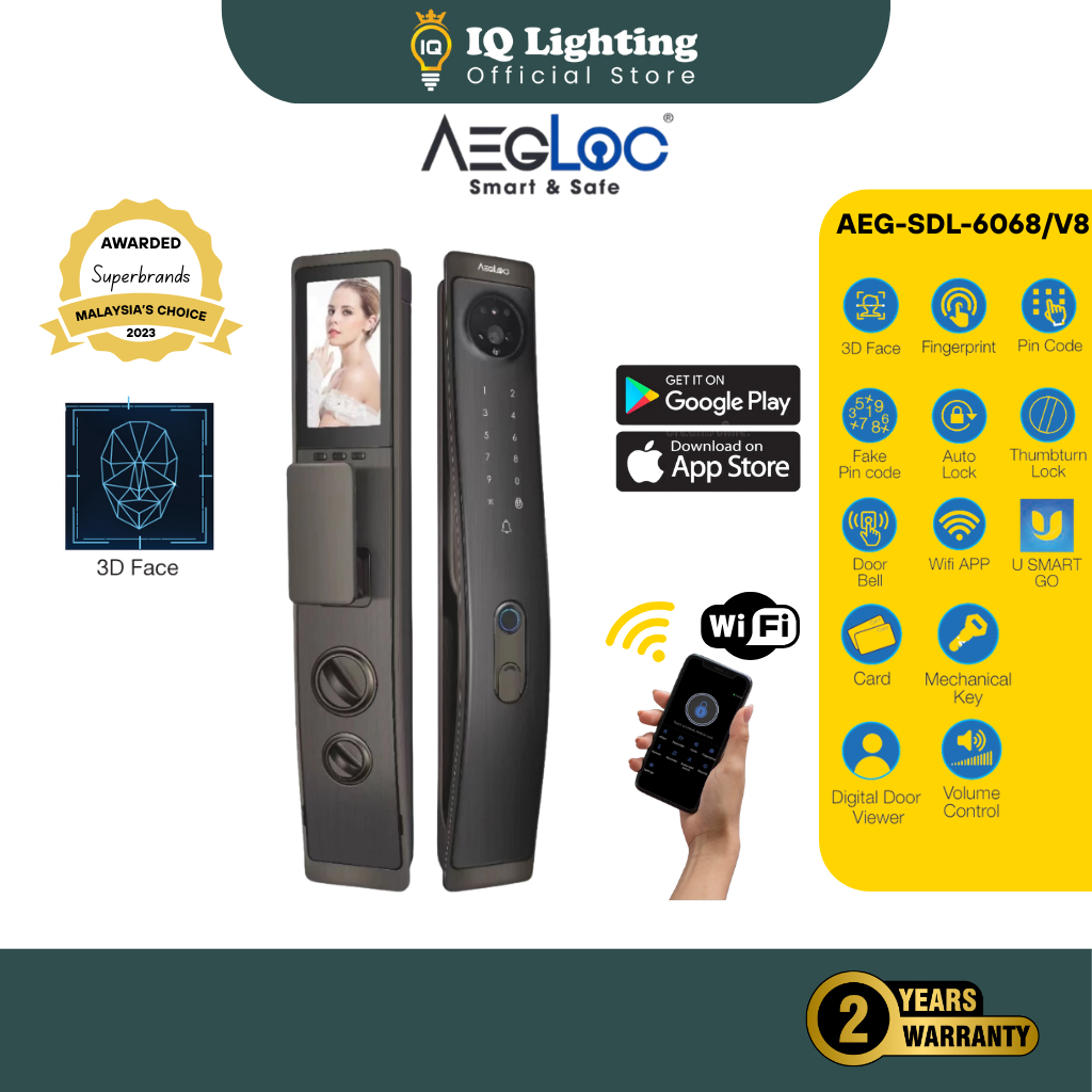 NEW  AEGLOC AEG-SDL-6068/V8 Smart Push-Pull Lock – 3D Face, Fingerprint, PIN, RFID, Tuya App Kunci P