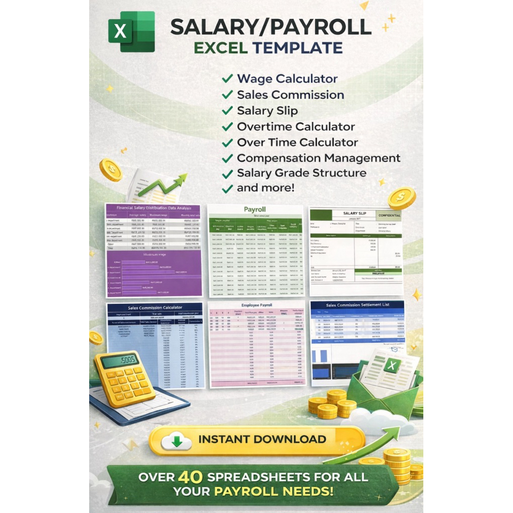 INSTANT Salary & Payroll Excel Template Bundle – Wage, Overtime, Commission & Payslip System (Instant Download)