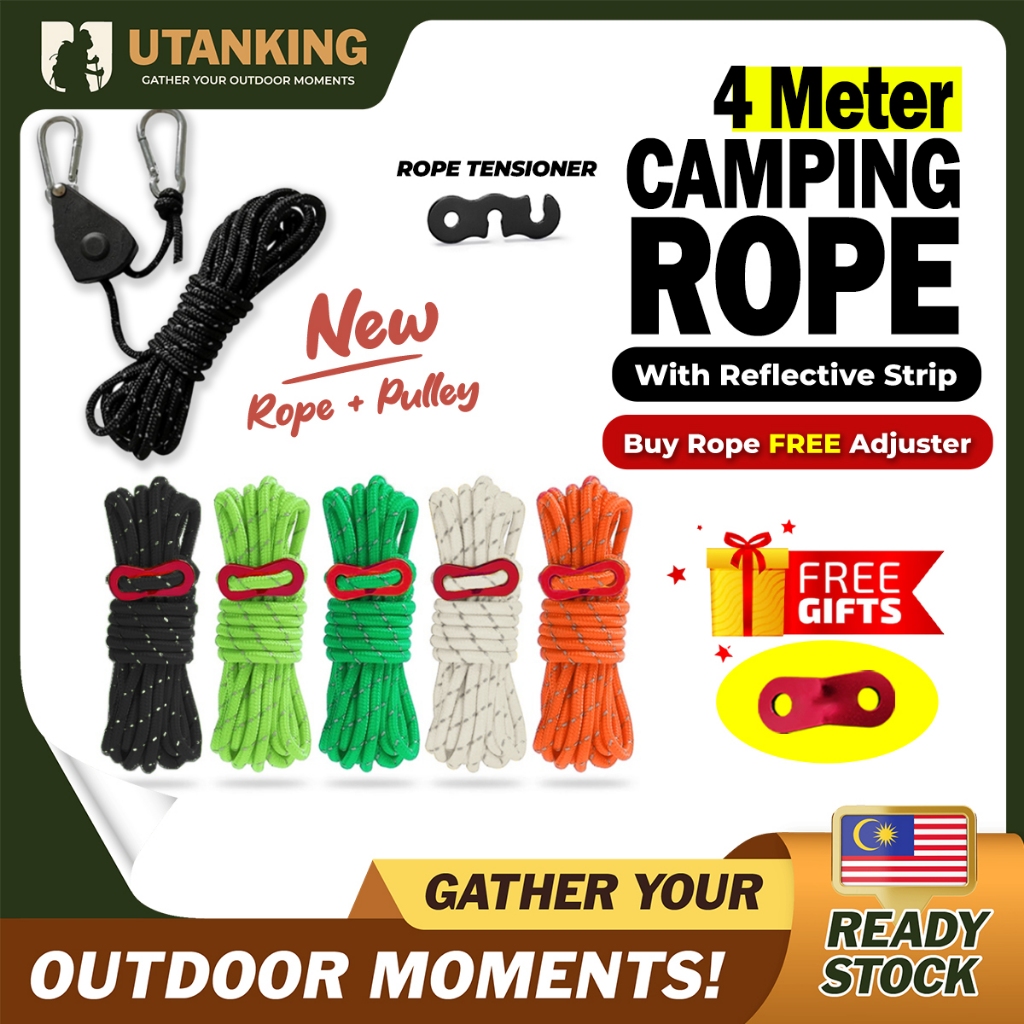 UtanKing™ 4 Meter Reflective Camping Rope Tent Ropes Flysheet Tensioner Paracord Guyline Tali Khemah